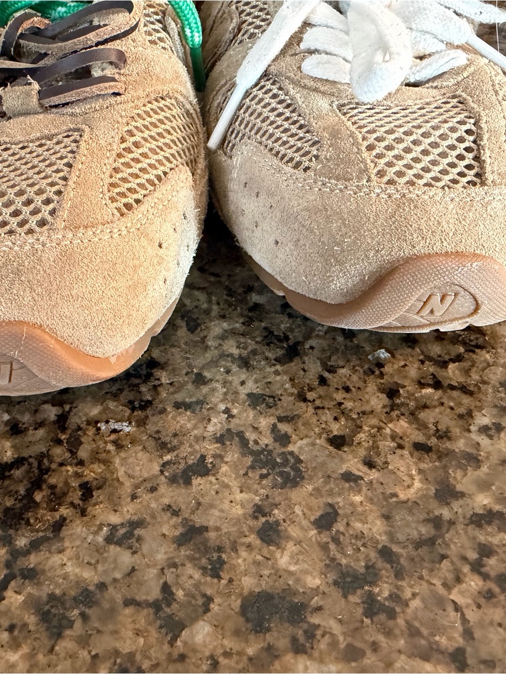 Miu Miu x New Balance Beige Suede Mesh Sneaker Clogs with Green Accent Laces - Picture 6 of 8